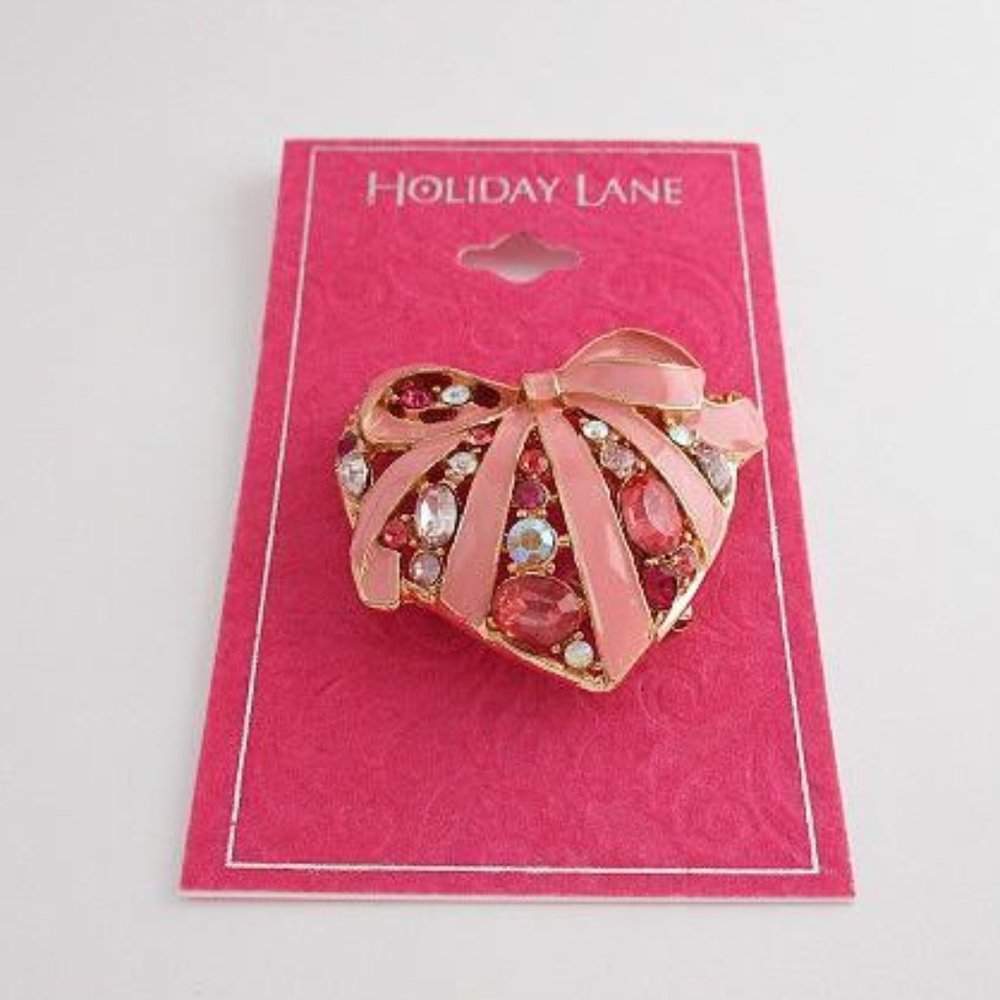 Holiday Lane Gold-Tone Crystal Heart & Bow Pin, Created for Macy's